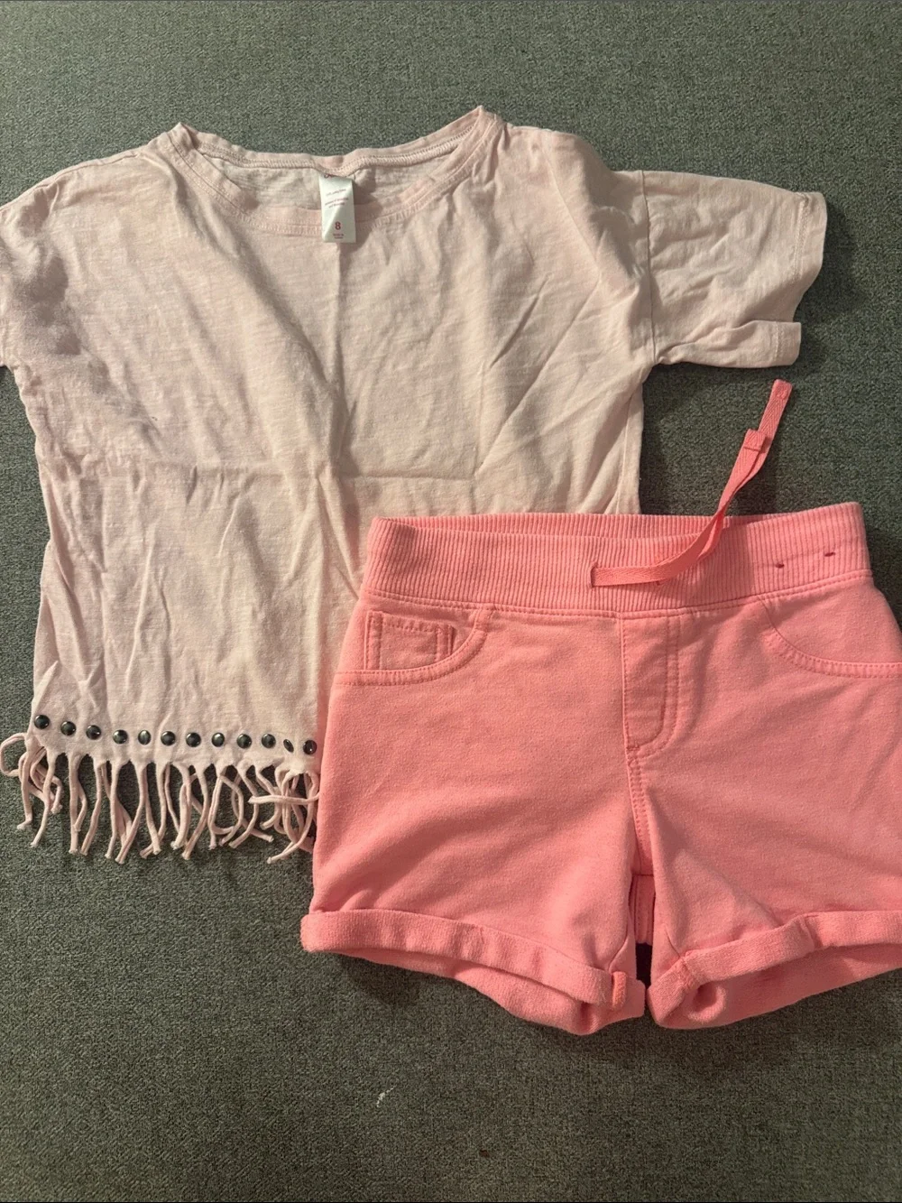 5/$15- Fringe Hem Pink Tee & Coral Pink Shorts Set